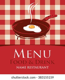 menu with a frying pan and fried eggs on the background of a checkered tablecloth