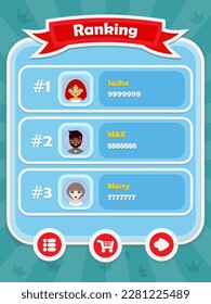 Menu of game graphic user interface on screen of 2d mobile game application in flat cartoon style with simple theme