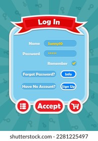 Menu of game graphic user interface on screen of 2d mobile game application in flat cartoon style with simple theme