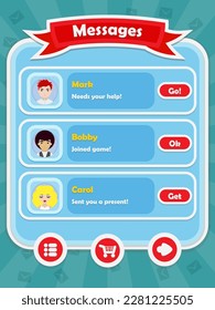 Menu of game graphic user interface on screen of 2d mobile game application in flat cartoon style with simple theme