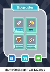 Menu of game graphic user interface on screen of 2d mobile game application in flat cartoon style with simple theme