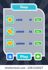 Menu of game graphic user interface on screen of 2d mobile game application in flat cartoon style with simple theme