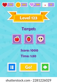 Menu of game graphic user interface on screen of 2d mobile game application in flat cartoon style with simple theme