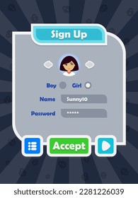 Menu of game graphic user interface on screen of 2d mobile game application in flat cartoon style with simple theme