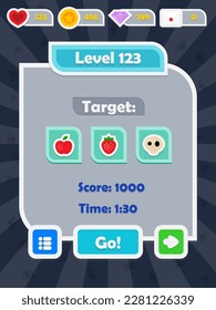 Menu of game graphic user interface on screen of 2d mobile game application in flat cartoon style with simple theme
