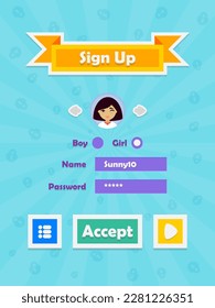 Menu of game graphic user interface on screen of 2d mobile game application in flat cartoon style with simple theme