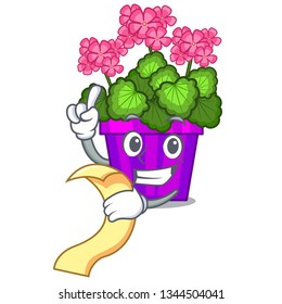 With menu geranium flowers in the cartoon pot