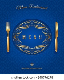 Menu with golden cutlery and ornate elements - vector illustration