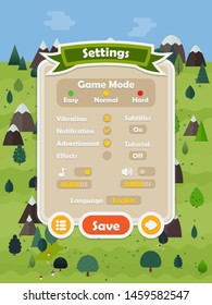 Menu of graphical user interface on screen of 2d mobile game application in flat cartoon style with forest theme