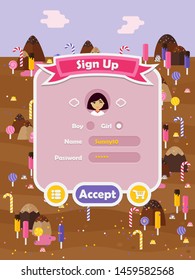 Menu of graphical user interface on screen of 2d mobile game application in flat cartoon style with sweet candy theme