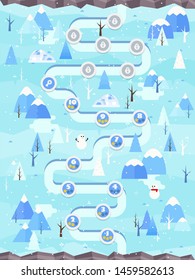 Menu of graphical user interface on screen of 2d mobile game application in flat cartoon style with ice winter theme