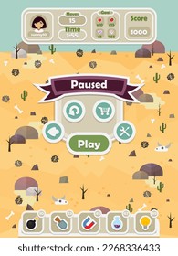 Menu of graphical user interface on screen of 2d mobile game application in flat cartoon style with hot desert or deathly barren or valley theme