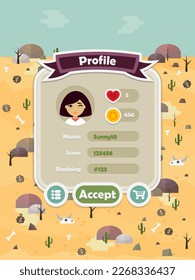Menu of graphical user interface on screen of 2d mobile game application in flat cartoon style with hot desert or deathly barren or valley theme