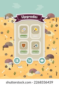Menu of graphical user interface on screen of 2d mobile game application in flat cartoon style with hot desert or deathly barren or valley theme