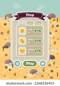 Menu of graphical user interface on screen of 2d mobile game application in flat cartoon style with hot desert or deathly barren or valley theme
