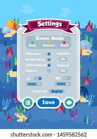 Menu of graphical user interface with underwater sea or ocean theme on screen of 2d mobile game application in flat cartoon style 