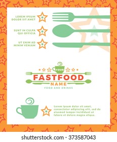 Menu with green logo with word Fast Food, design elements spoon and fork at a white background. Design template for restaurant, cafe and canteens. Vector Illustration.