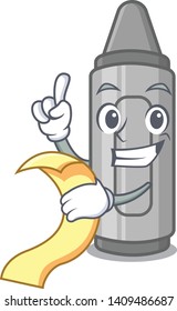 With menu grey crayon mascot.