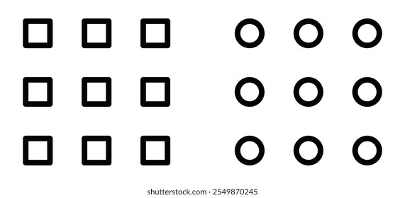 Menu grid icon with squares and circles. Editable stroke.