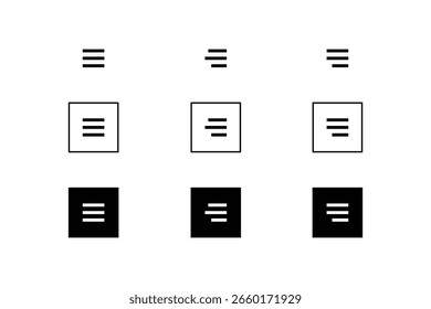 Iconos de la cuadrícula de menú en tres estilos de interfaz de usuario: símbolos de navegación de línea Horizontal aislados en blanco para interfaces de App y Web