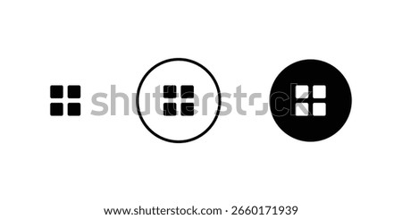 Menu Grid UI Icons in Three Styles – Minimalist Navigation Symbols for Mobile and Web Interfaces on White Background