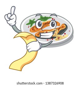 With menu grilled salmon served on cartoon board