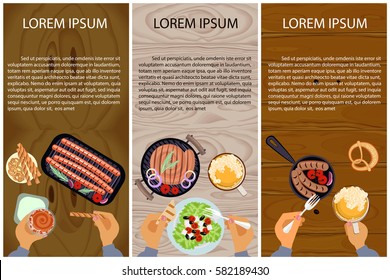 Menu for grilled sausages on wooden table background. Vector illustration eps 10.