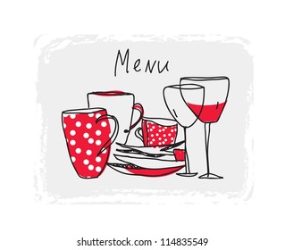 Menu hand drawn design with pottery and glasses