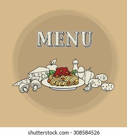 Menu, hand drawn elements, and a main course plate, vector illustration