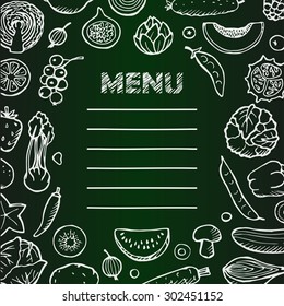 Menu with  hand drawn vegetarian doodle elements on chalkboard. Vector illustration for menu, posters, prints, banners, web design, covers