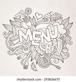 Menu hand lettering and doodles elements and symbols background. Vector hand drawn sketchy illustration
