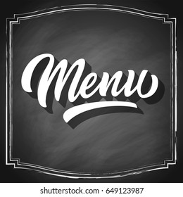 Menu hand lettering, white brush calligraphy isolated on black chalkboard background with 3d shadow. Typography design. Vector illustration