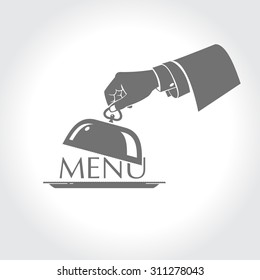 Menu, the hand of a waiter holding a platter 2