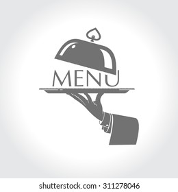 Menu, the hand of a waiter holding a platter 1