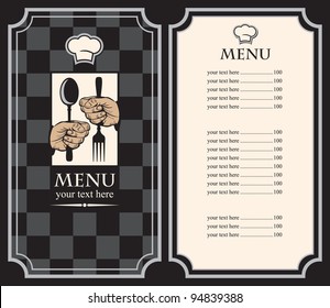 menu with hands and utensils on the chess background