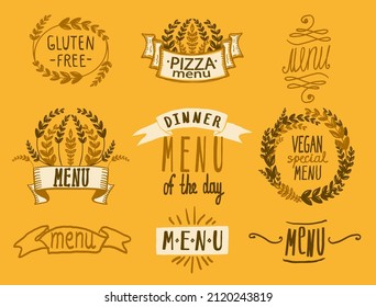 Menüüberschriften, Embleme und Logo-Kollektion mit handgeschriebener Schrift, Kunstgrafik mit Weizenähren und Bändern, Pizzarmenü, Abendessen, veganisches und glutenfreies Menüsystem, Vektorset