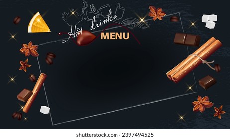 Menu with hot drinks , background with flavored winter drinks additives and linear cups.