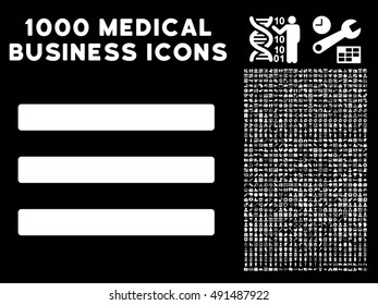 Menu icon with 1000 medical business white vector pictograms. Design style is flat symbols, black background.