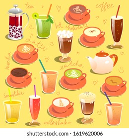 Menu icon for cafe restaurant coffee shop on a yellow background with many positions. Latte mocha matcha hot chocolate tea smoothie milkshake