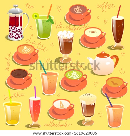 Menu icon for cafe restaurant coffee shop on a yellow background with many positions. Latte mocha matcha hot chocolate tea smoothie milkshake