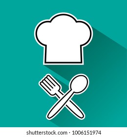 Menu icon. Chef hat and fork, spoon. Black and white silhouette with shadow on turquoise background. Vector illustration