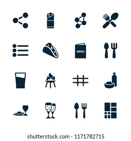 Menu icon. collection of 16 menu filled icons such as spoon and fork, taco, burrito, grid, drink, bbq, share. editable menu icons for web and mobile.