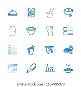 Menu icon. collection of 16 menu outline icons such as soup, chinese fast food, pasta and wine glass, bbq, dish, bowl, pen. editable menu icons for web and mobile.