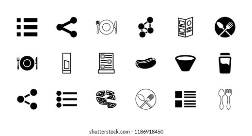 Menu icon. collection of 18 menu filled and outline icons such as hot dog, share, bowl, pizza. editable menu icons for web and mobile.