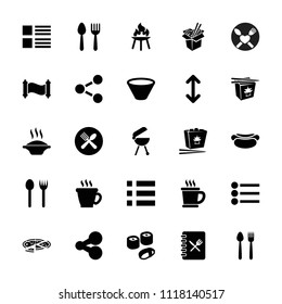 Menu icon. collection of 25 menu filled icons such as spoon and fork, coffee, share, soup, chinese fast food, noodles fast food, bowl. editable menu icons for web and mobile.