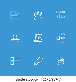 Menu icon. collection of 9 menu outline icons such as share, soup, glasses clink, Chinese fast food, bbq. editable menu icons for web and mobile.