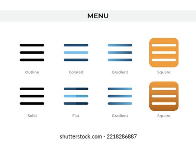 menu icon in different style. menu vector icons designed in outline, solid, colored, gradient, and flat style. Symbol, logo illustration. Vector illustration