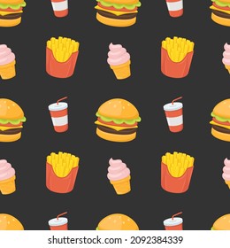 Menu Icon Emoji Pattern. Fast Food Seamless Background Symbols. Doodle Emoticon Illustration Design Vector.