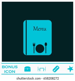 Menu icon flat. Blue pictogram on dark background. Vector illustration symbol and bonus icons