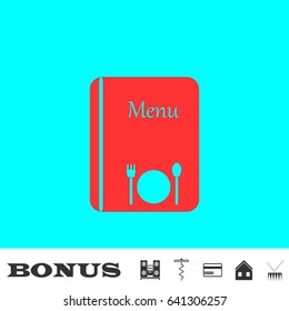 Menu icon flat. Red pictogram on blue background. Vector illustration symbol and bonus buttons Music center, corkscrew, credit card, house, drum